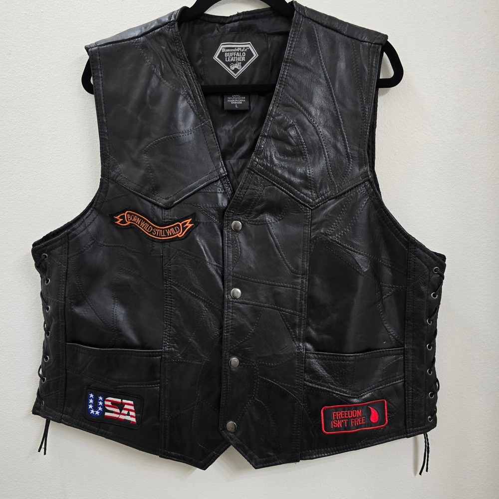 Diamond Plate Buffalo Leather Mens Biker Vest Black Patchwork Eagle Patches L